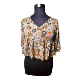 SO Junior Floral Peplum Top‎ Blouse Sz small Lightweight V neck 3/4 sleeve Crop